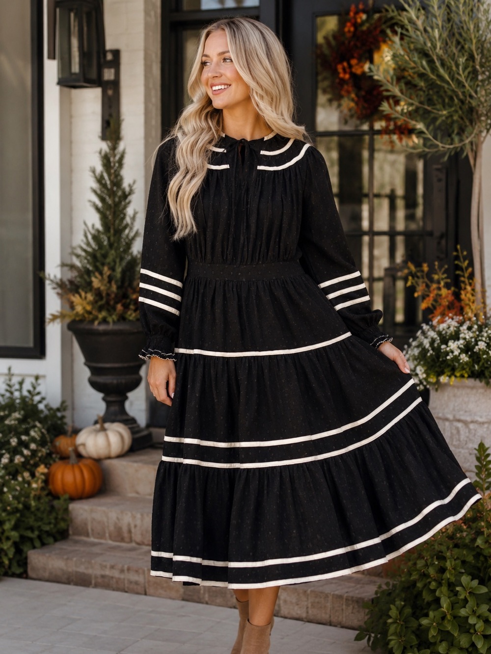 New Medium Black Tiered Long Sleeve Dress with Contrast Trim
